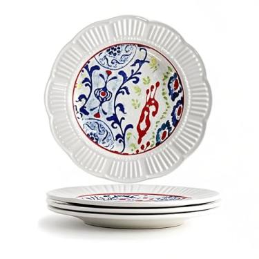 Imagem de Conjunto de 4 pratos de jantar, conjunto de pratos de cerâmica com floral pintado, prato de porcelana em forma de flor, seguro para micro-ondas e lava-louças, para cozinha doméstica e restaurante