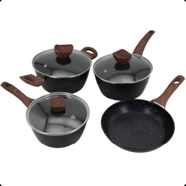 Imagem de Jogo de Panelas Cerâmica Vanilla Stone 4 Peças Antiaderente Tampa Vidro Temperado Cabos Antitérmicos (Stone)