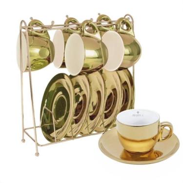 Imagem de Xícaras para Café Porcelana Dourada 80ml 6un com Rack LHermitage - L'h