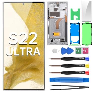 Imagem de BESJMYT Para Samsung Galaxy S22 Ultra AMOLED Screen Replacement OLED Display Touch Digitalizador Montagem completa com moldura branca Phantom e botão lateral kit de ferramentas de reparo de vidro