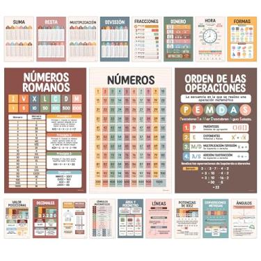 Imagem de Decorably 20 pôsteres boêmios de matemática espanhola para ensino fundamental, 28 x 43 cm, pôsteres educacionais espanhóis de matemática para ensino fundamental - salas de aula, quadros de avisos