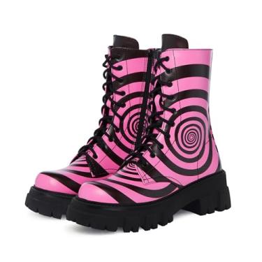 Imagem de driceic Bota de combate feminina zebra plataforma no tornozelo ajustável com cadarço e zíper interno botas de festa modernas, Preto/rosa, 38
