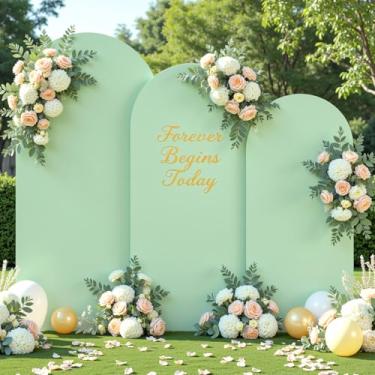 Imagem de Conjunto de 3 capas de arco verde sálvia – 1,8 m, 1,8 m, arco de 1,8 m, capa de fundo de elastano para chá de bebê, meninos, festa de aniversário, casamento, chá de panela, banquete, decoração de
