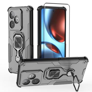 Imagem de CNPUTAO Capa para Oppo Realme GT7, suporte com protetor de tela de vidro temperado, capa de telefone híbrida de camada dupla antiarranhões, preta