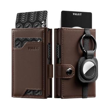 Imagem de VULKIT Carteira Airtag com chaveiro masculina pop-up para cartão de crédito com suporte para etiqueta de ar, janela para identidade, bloqueio RFID, Espresso de couro de vaca de grão superior