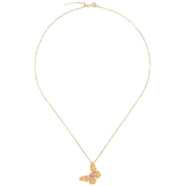 Imagem de Magiriam Novo colar de borboleta estilo chinês – Pingente escovado de ouro de areia com cristal de quartzo rosa e incrustação de zircão, colar da sorte de fogo do período 9 Li fivela de corrente de