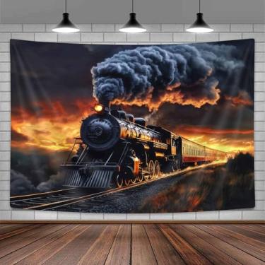 Imagem de Tapeçaria vintage de trem a vapor ao anoitecer, decoração de tapeçarias ferroviárias de motor antigo, tapeçarias de parede arte nuvens escuras para quarto, sala de estar, dormitório, cobertor de praia