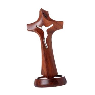 Imagem de Generic Estátua de cruz de madeira, estatueta de crucifixo, escultura religiosa cristã multiuso, enfeite de mesa para prateleira de ação de Graças, 7.4 Cm X 15.2 Cm X