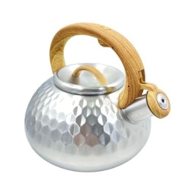 Imagem de Chaleira de Aço Inoxidavel Prata com Apito e Trava no Bico, 3 Litros, Alça Ergonômica de Bambu Resistente ao Calor, Base Universal para Fogão, para Chá, Ferver Água