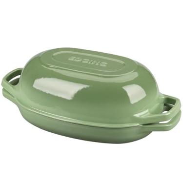 Imagem de EDGING CASTING Panela de forno holandês de ferro fundido esmaltado com tampa, forno holandês oval para assar pão, forno de pão para assar pão de fermento caseiro, 5 qt, verde pistache
