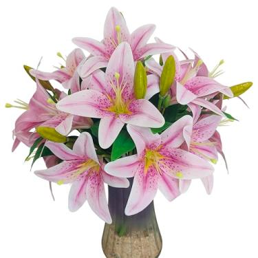 Imagem de Flores de lírios artificiais, 9 peças de flores de lírio falsas, ramos de lírio de tigre de 40 cm com 2 flores completas e 1 botão, plantas falsas de lírios falsos para arranjos florais de buquê de