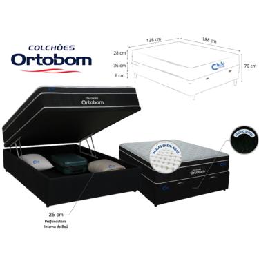 Imagem de Conjunto Casal Colchão Ortobom Elegant Molas Ensacadas com Cama Baú Blindada Suede 138x188x70 - Alto Padrão de Qualidade