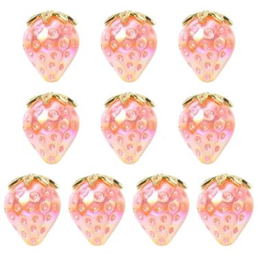 Imagem de Stiesy 10 peças de resina 3D contas de morango com latão micro pavimentado zircônia cúbica folha rosa fruta diy artesanato contas suprimentos para chaveiro telefone celular cordão fabricação de joias
