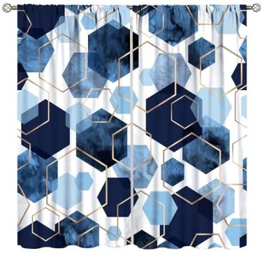 Imagem de Cortinas azuis modernas, arte geométrica abstrata de mármore, cortinas para decoração de casa, quarto, sala de estar, cozinha, janela, tratamento de 2 painéis, conjunto de 2 painéis, tamanho total 107