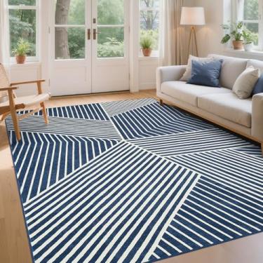 Imagem de COZYLOOM Tapetes modernos para sala de estar, 22 x 30 cm, tapete geométrico listrado para sala de jantar, tapete grande contemporâneo, capa de piso de pelo baixo lavável para quarto, cozinha