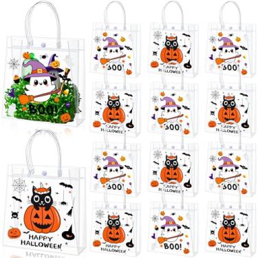 Imagem de Motipuns 48 peças de sacolas de presente de plástico transparente de Halloween com alças, pequenas sacolas reutilizáveis de PVC para lembrancinhas de abóbora a granel, sacola preta laranja para doces