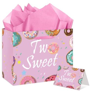 Imagem de EIGHTSTATES Bolsa rosa de presente de aniversário de 2 anos - Dois sacos de presente de aniversário de rosquinhas doces com cartão de felicitações e papel de seda para 2 anos de idade, chás de bebê e