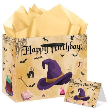 Imagem de EIGHTSTATES Conjunto de sacolas de presente de aniversário com chapéu de feiticeiro roxo – lembrancinhas de festa de mágica amarela grande com cartão, envelope e papel de seda – decorações com tema de