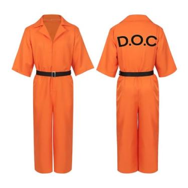 Imagem de Xplanet Macacão de prisão laranja masculino fantasia de Halloween para presidiário, uniforme de cadeia, meia manga, macaquinho de prisioneiro com cinto, Laranja, P