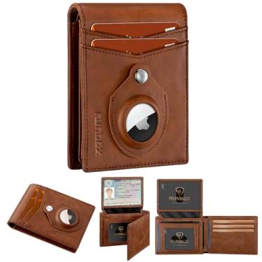 Imagem de RUNBOX Carteira masculina AirTag, fina, de couro RFID, 2 documentos, presentes para janela de identificação, CH marrom claro, Carteira AirTag