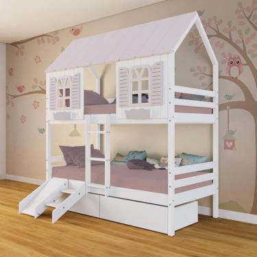 Imagem de Beliche Casinha Bela com 2 Gavetas Kit Escada/Escorregador - Madeira Maciça Branco/Rosa | Megamobilia