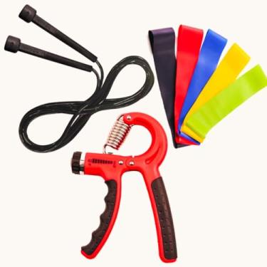 Imagem de Kit de Treino : Faixa Elástica, Hand Grip e Corda de Pular para Exercícios em Casa ou na Academia. (Vermelho)