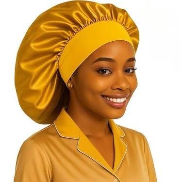 Imagem de Touca de Cetim Grande para Dormir com Faixa Larga Anti-Frizz - Gorro de Cetim com Aba Gigante, Proteção Cabelo Contra Frizz e Toque(1-DOURADA)