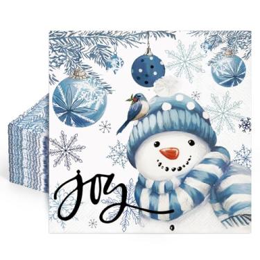 Imagem de JarThenaAMCS 100 peças de guardanapo de papel de Natal azul boneco de neve bola de natal guardanapos de almoço guardanapos de mão para inverno casa suprimentos de festa decoração de mesa