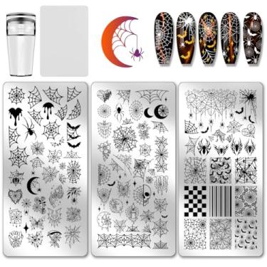 Imagem de PH PandaHall 3 peças de placa de carimbo de unha de Halloween padrão de teia de aranha modelo de arte de aço inoxidável placa de imagem de unha de caveira de aranha estêncil para decoração de unhas