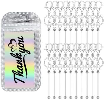 Imagem de Kit de artesanato de chaveiro com contas 60 peças - 20 chaveiros prontos + 20 barras DIY, sacos resseláveis e cartões de agradecimento (prata)