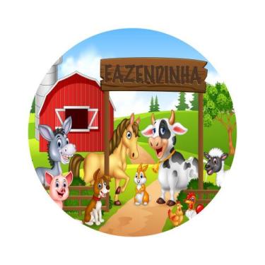 Imagem de Painel De Tecido Sublimado Redondo Fazenda Animais Porteira de Madeira