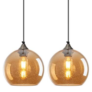 Imagem de LBSQJ Luzes pendentes de vidro âmbar, ilha de cozinha, globo de iluminação, luminárias pendentes modernas para quarto, sala de jantar, luminária (20 cm, pacote com 2)