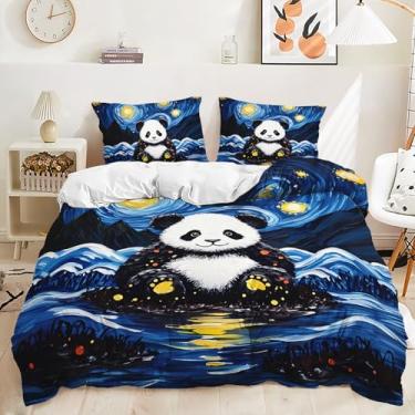 Imagem de AILONEN Conjunto de capa de edredom Kawaii Panda tamanho casal - roupa de cama temática de céu estrelado de Van Gogh com pandas fofos de desenhos animados, microfibra macia para crianças e