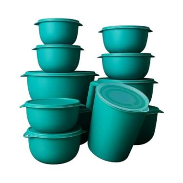 Imagem de Conjunto de 10 saladeiras ou 5 saladeiras + jarro de 1,8 litros Saladeiras de cozinha Recipientes plásticos para armazenamento de alimentos (5 potes + jarra azul)