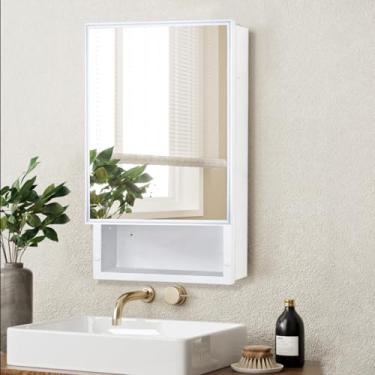 Imagem de HESONTH Armário espelhado de 40,6 x 66 cm com gaveta – Prateleiras de vidro temperado de 3 camadas, armazenamento à prova d'água para banheiro/quarto/cozinha, armário de remédios embutido ou montado