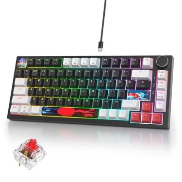 Imagem de iRoboosta Teclado mecânico para jogos 75% – Teclado personalizado RGB retroiluminado com botão, suporte de junta USB com fio, 82 teclas (branco, preto, linear, vermelho)