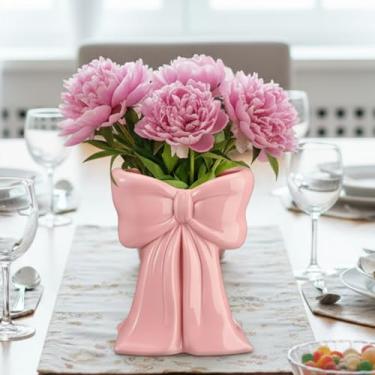 Imagem de Jingmore Coquette Suporte de caneta de vaso de cerâmica com laço para maquiagem, design contemporâneo, presentes femininos decorativos para casa, escritório, prateleira, mesa, sala de estar (rosa