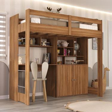 Imagem de Cama Alta Infantil Juvenil 2 Portas com Escrivaninha Multifuncional Zwork Yescasa Nogal