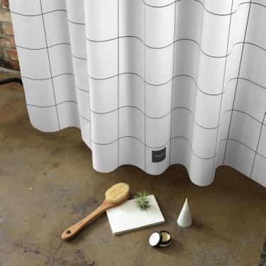 Imagem de onesevennine Cortina de chuveiro de designer coreana – Sem costura, resistente à água (180 cm L x 208 cm C) Grade – Inclui 12 ganchos de plástico para fácil configuração
