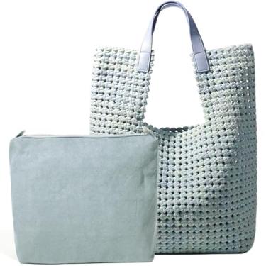 Imagem de JINMANXUE Bolsa feminina de couro acetinado, bolsa vazada, conjunto de 2 peças, bolsa de ombro feminina, bolsa de compras moderna, Jeans azul claro