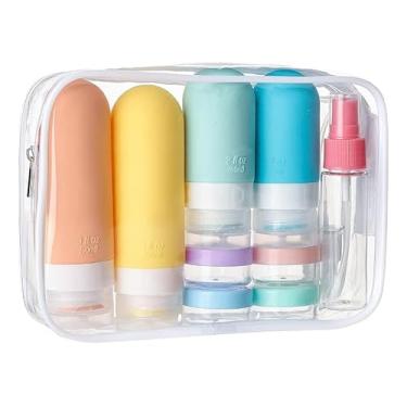 Imagem de Kit Viagem 16 Peças com Frascos de Silicone Recarregáveis | Mini Frascos para Shampoo, Condicionador, Higiene e Maquiagem com Necessaire Transparente para Avião (Branco)