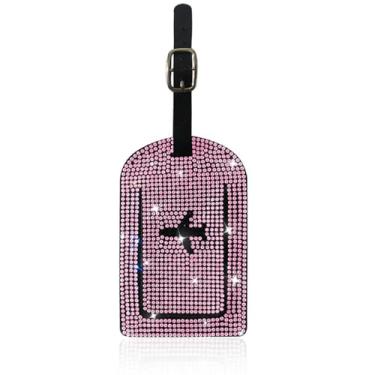 Imagem de MINGZAIQIPEI Etiqueta de bagagem com strass de cristal brilhante – Etiqueta de bagagem de diamante brilhante para bolsa, bolsa escolar, mala, instrumento, rosa, 13.5*9.4cm, 1