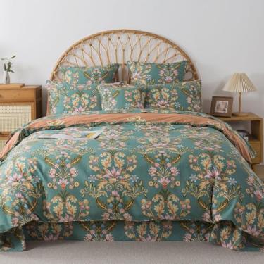 Imagem de FADFAY Conjunto de capa de edredom Queen, 3 peças 100% algodão, roupa de cama floral boho vintage azul-petróleo e laranja, capa de cama reversível estilo country com zíper