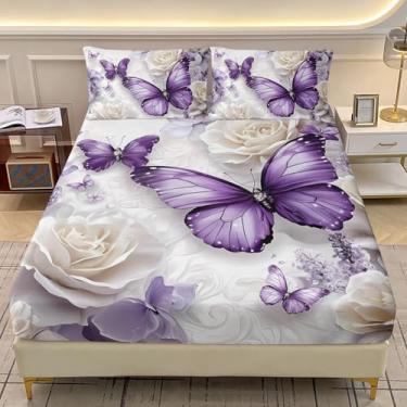 Imagem de AILONEN Jogo de lençol Queen de borboleta roxa para meninas, linda flor, borboleta, 3 peças, lençol com elástico e 2 fronhas para quarto