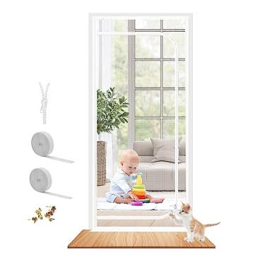 Imagem de Porta de tela reforçada para gatos serve para portas de tamanho 96 x 203 cm, porta de tela resistente à prova de animais de estimação com zíper, evita que cães e gatos saiam de casa (branca)