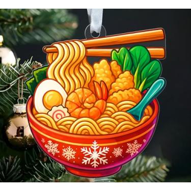 Imagem de MWS9xDesigns Enfeite de Natal Ramen - Decoração de árvore de Natal de acrílico com comida divertida - Lembrança exclusiva de design de tigela de macarrão - presente para amantes de ramen