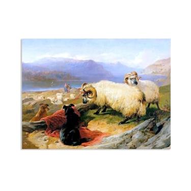 Imagem de Zeichn8u Edwin Landseer Impressão em tela Tethered Rams Poster Giclee reprodução de pintura Edwin Landseer arte de parede decoração de casa sala de estar escritório quarto 100 x 70 cm (83.8x71.1 cm