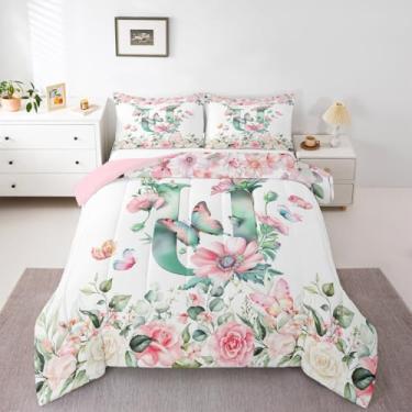 Imagem de Erosebridal Conjunto de cama infantil com monograma com letra U, 2 peças, decoração de quarto de meninos e meninas, 2 peças, colcha floral e borboletas