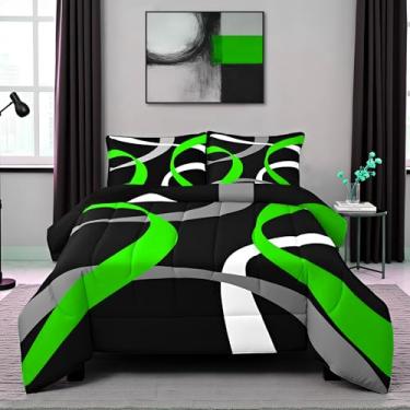 Imagem de Castle Fairy Conjunto de edredom listrado abstrato, tamanho king, geométrico, listrado, verde, cinza, preto, 3 peças, para decoração de quarto de casa, adolescentes e adultos, inserção de edredom