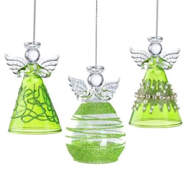 Imagem de Enfeites de Natal de anjo de vidro para árvore, conjunto de 3 enfeites de anjo da guarda de cristal para árvore de Natal, vidro fiado à mão, presente de Natal (verde)
